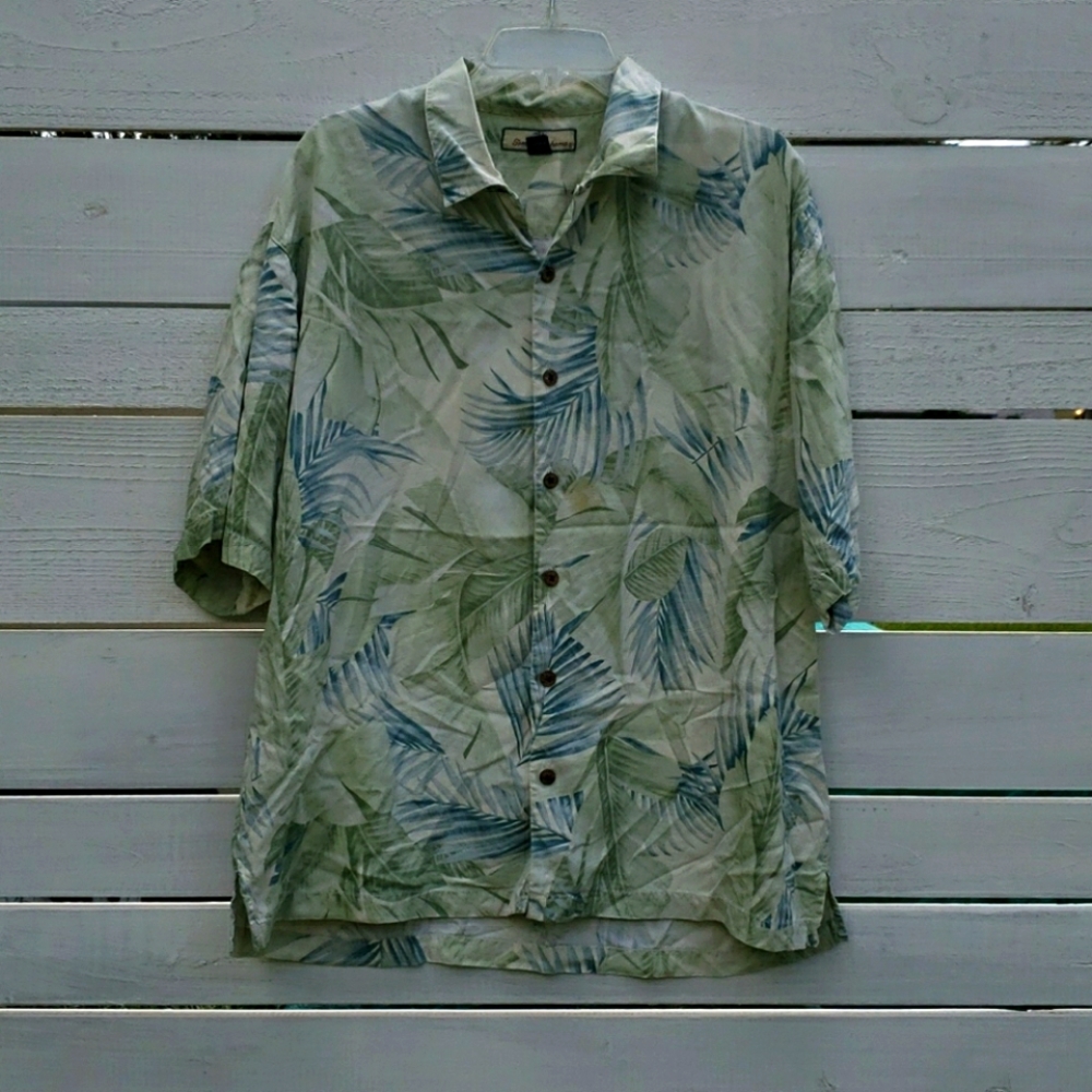 Tommy Bahama Mens 100% Silk Shirt Hawaiian Camp Tropical Leaf Palm Fronds Sz L